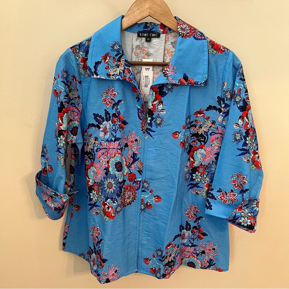 BOHO CHIC Women’s Blue Springtime Floral Blouse 3/4 Sleeves Size Medium